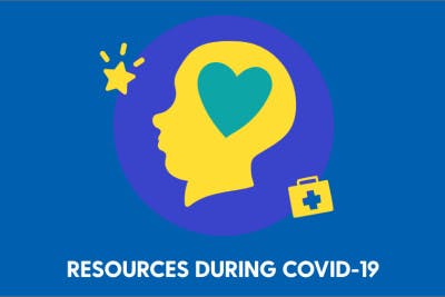 COVID-19 Resources graphic with illustration of a head and a heart